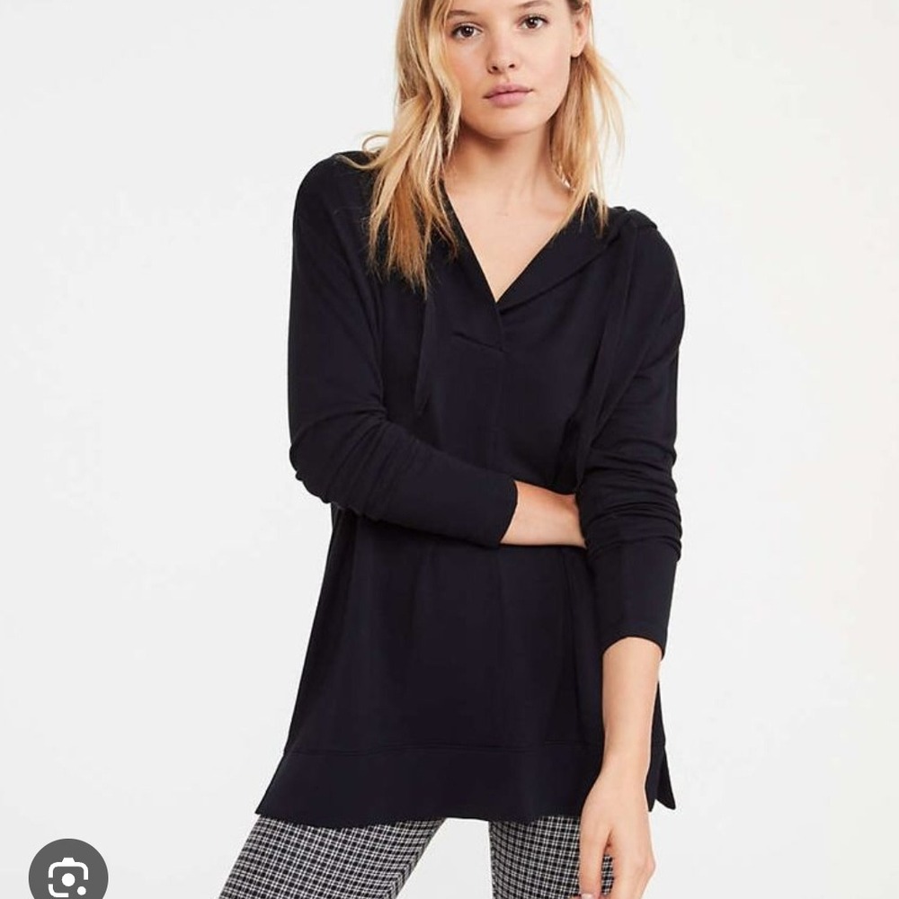 Lou &‎ Grey Signaturesoft Hoodie V Neck Drawstring Pullover Oversized Black XS